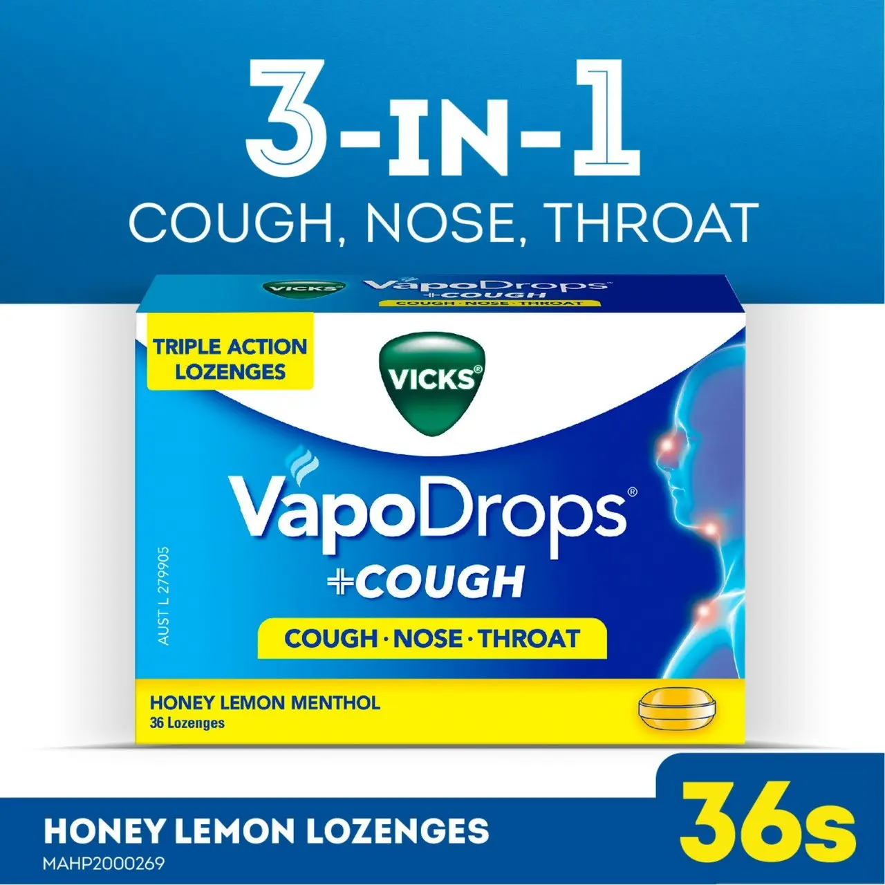 Vicks VapoDrops + Cough Honey Lemon Menthol 36 Lozenges