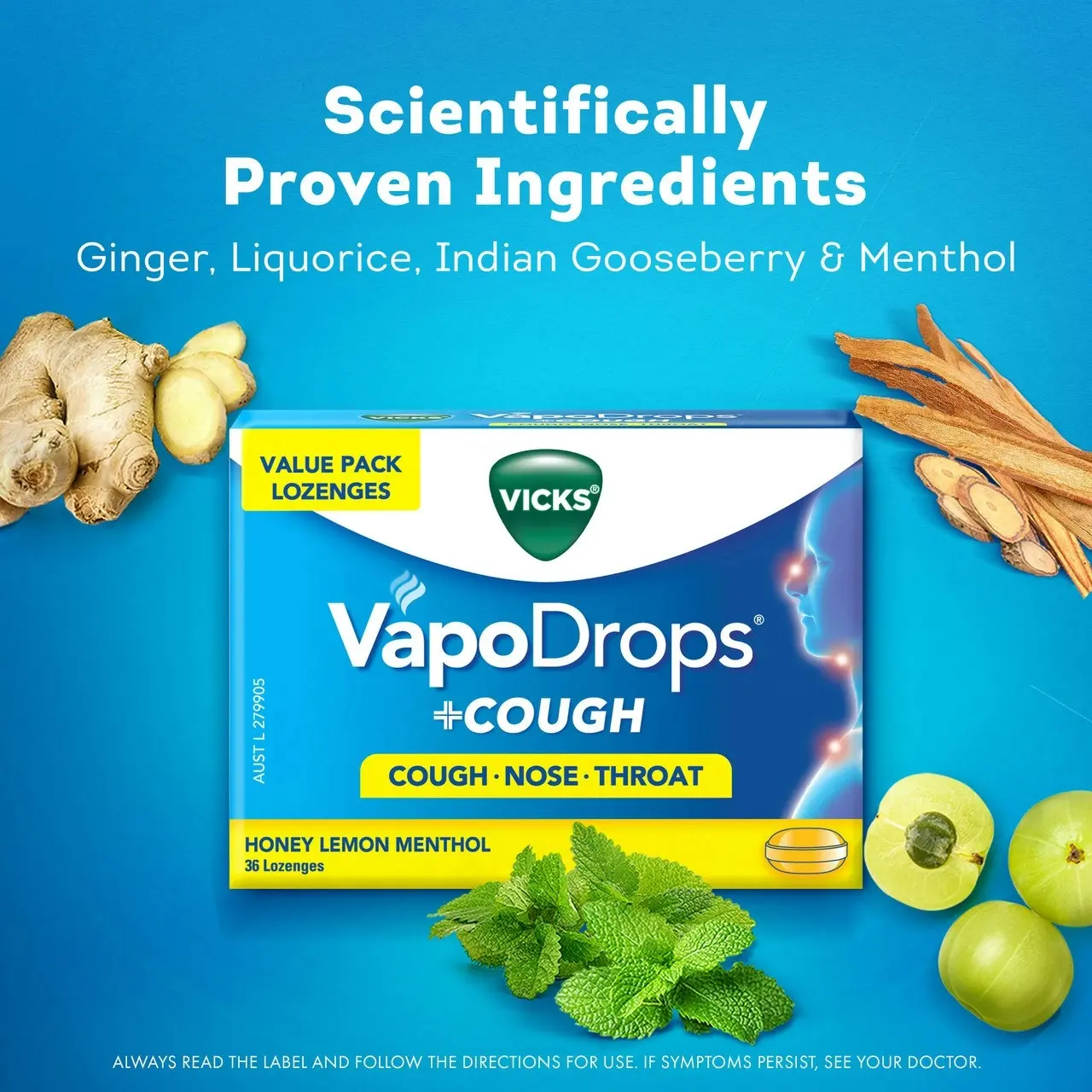 Vicks VapoDrops + Cough Honey Lemon Menthol 36 Lozenges