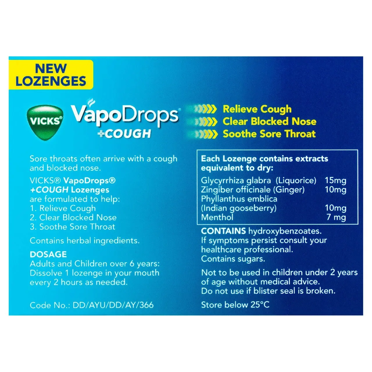 Vicks VapoDrops + Cough Honey Lemon Menthol 36 Lozenges