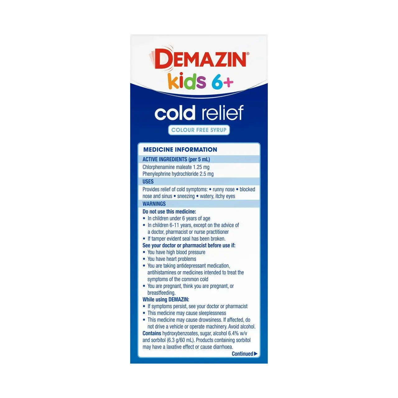 Demazin Kids 6+ Cold Relief Colour Free Syrup 100mL