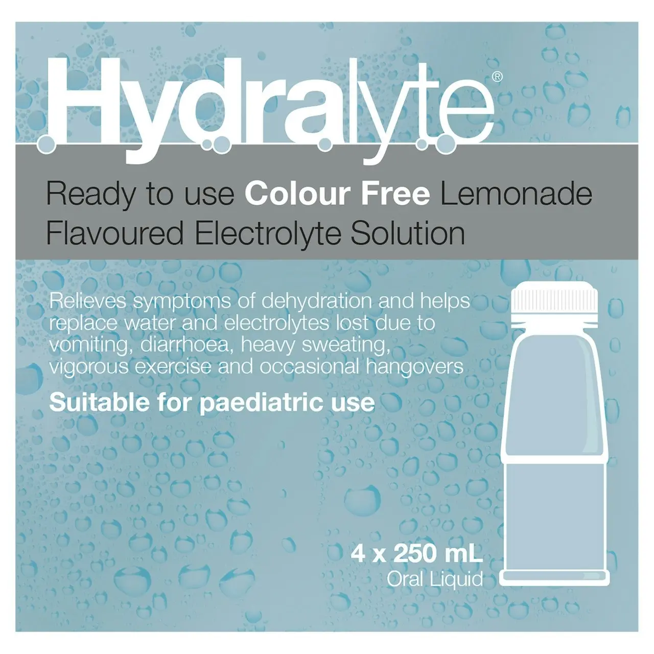 Hydralyte Ready to use Electrolyte Solution Colour Free Lemonade Flavoured 4 x 250mL