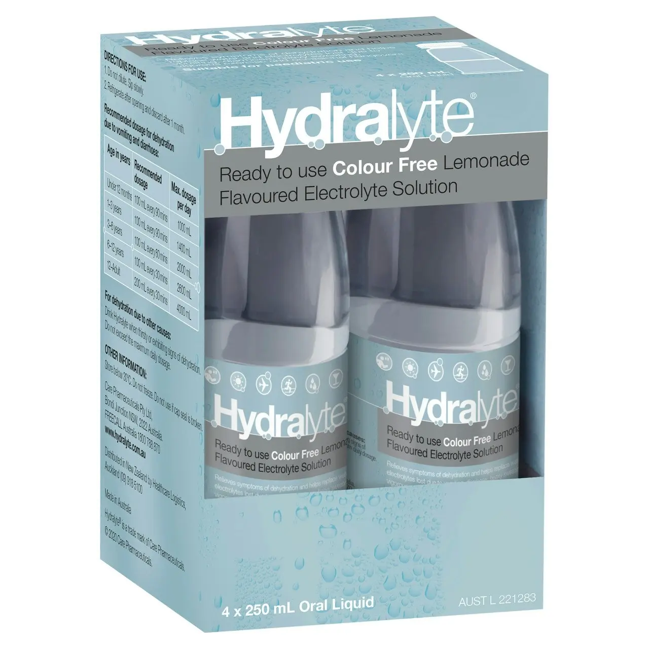 Hydralyte Ready to use Electrolyte Solution Colour Free Lemonade Flavoured 4 x 250mL