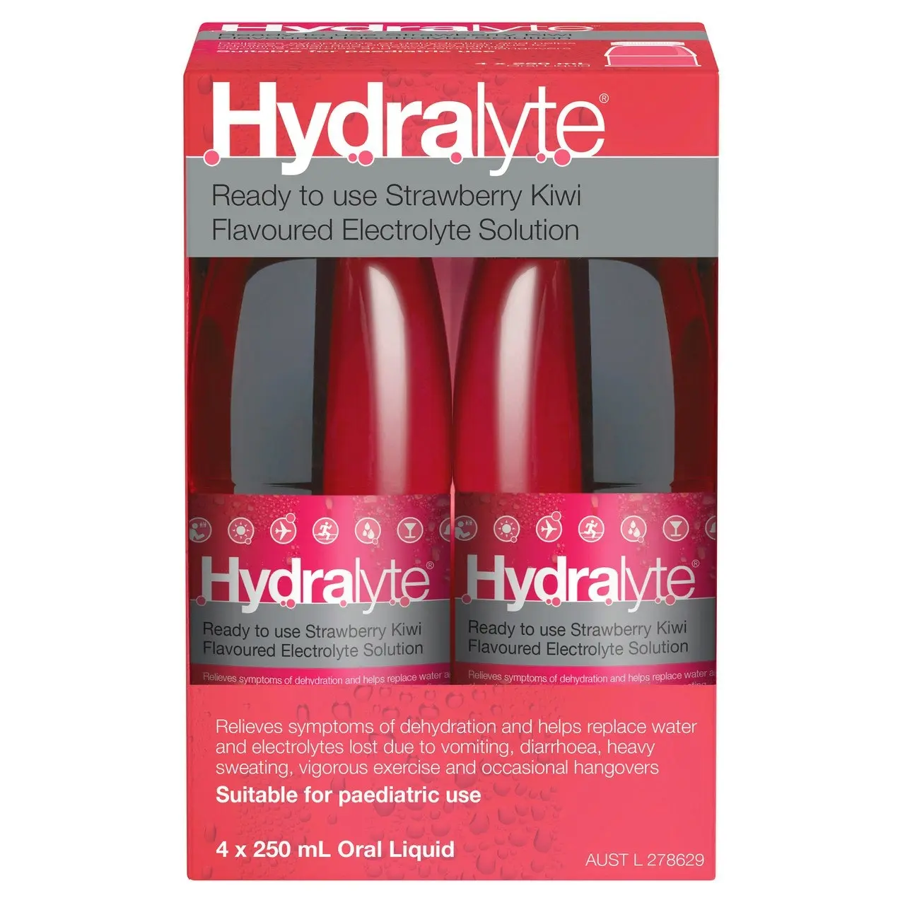 Hydralyte Ready to use Electrolyte Solution Strawberry Kiwi Flavoured 4 x 250mL