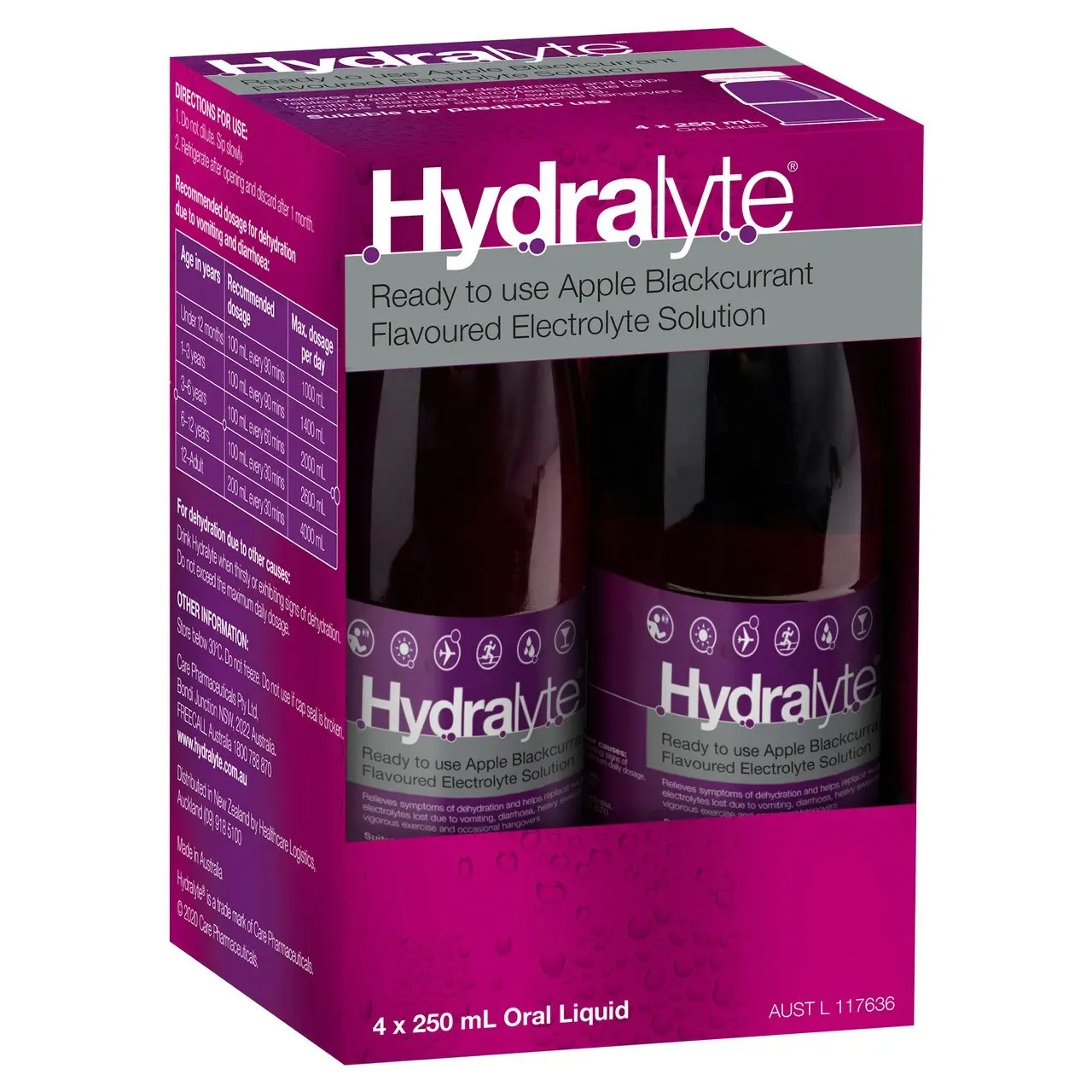 Hydralyte Ready to use Electrolyte Solution Apple Blackcurrant Flavoured 4 x 250mL