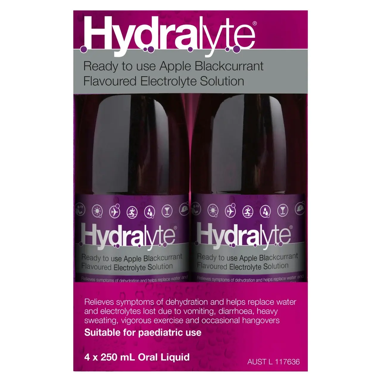 Hydralyte Ready to use Electrolyte Solution Apple Blackcurrant Flavoured 4 x 250mL