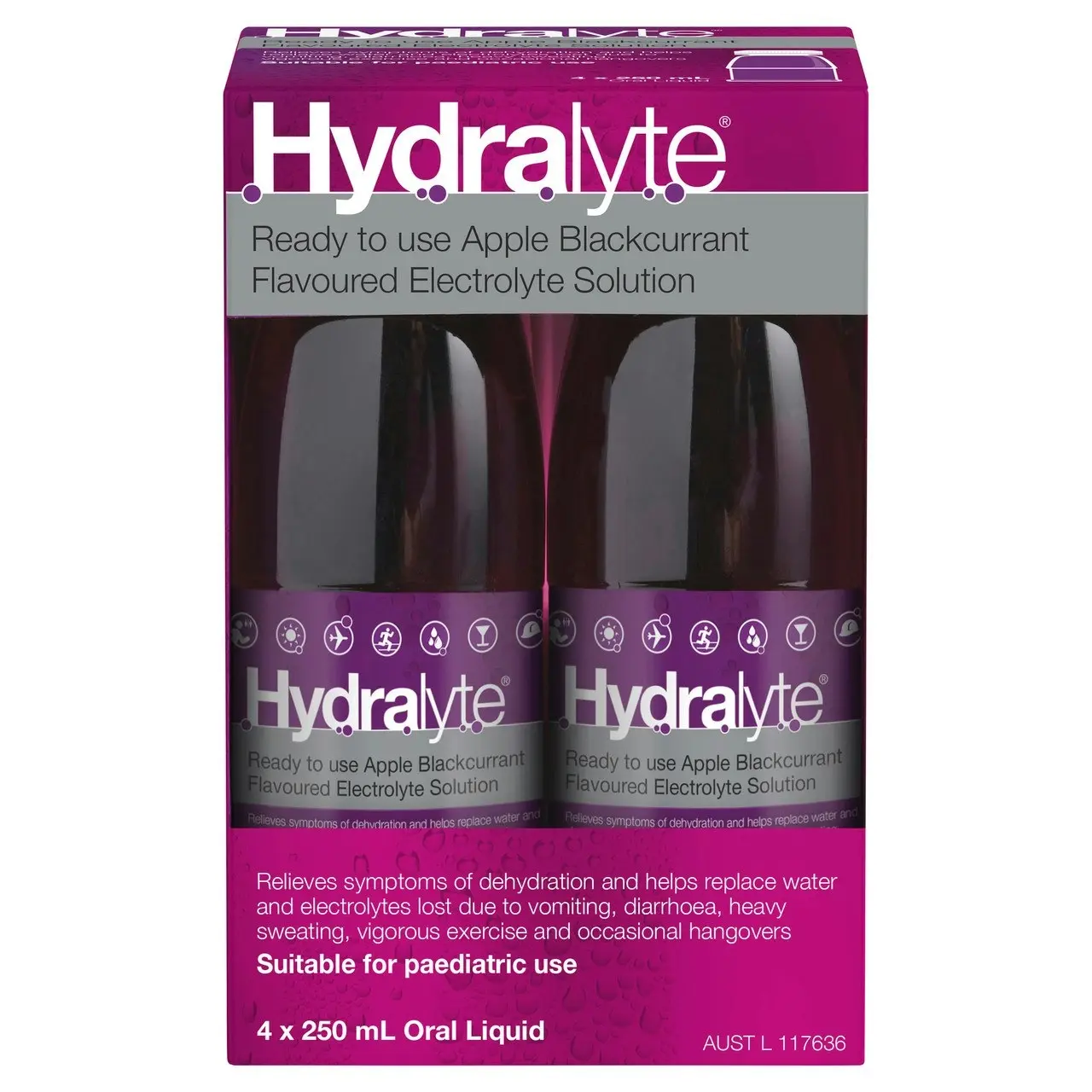 Hydralyte Ready to use Electrolyte Solution Apple Blackcurrant Flavoured 4 x 250mL