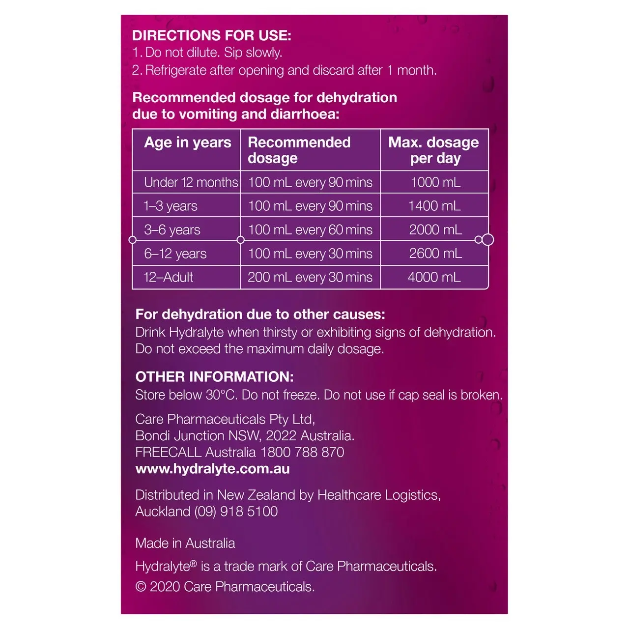 Hydralyte Ready to use Electrolyte Solution Apple Blackcurrant Flavoured 4 x 250mL