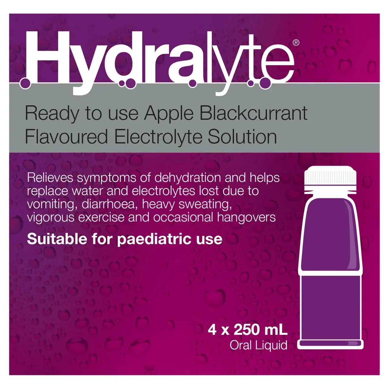 Hydralyte Ready to use Electrolyte Solution Apple Blackcurrant Flavoured 4 x 250mL