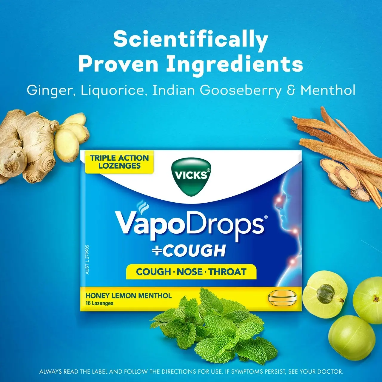 Vicks VapoDrops +COUGH Honey Lemon Menthol 16 Lozenges