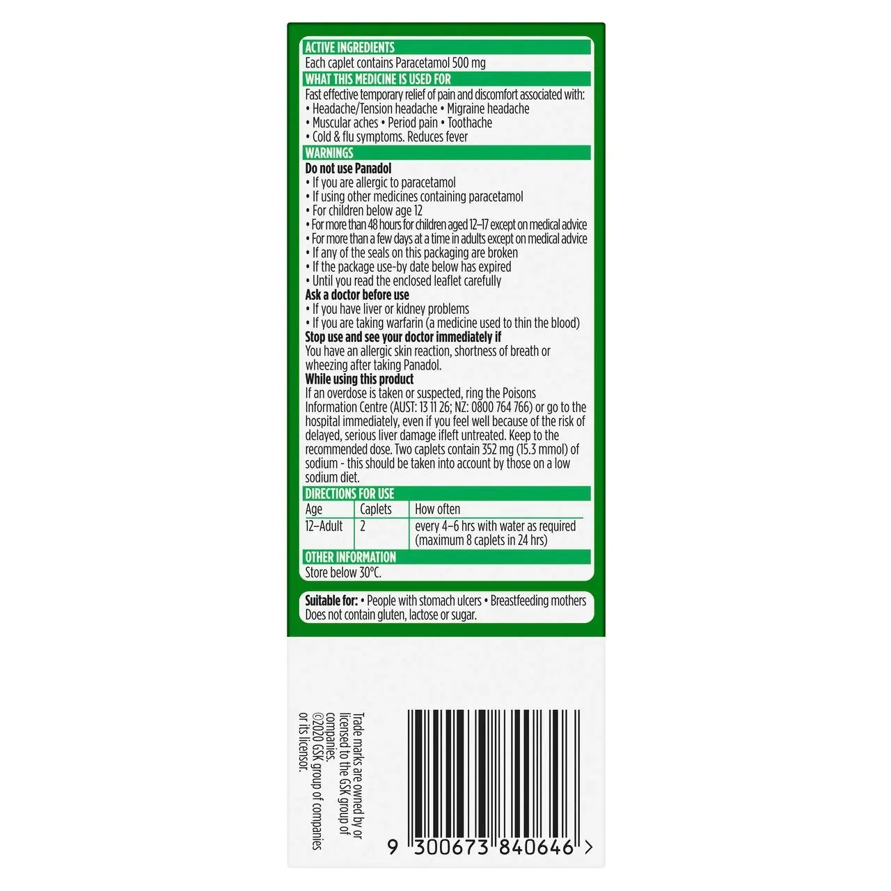 Panadol Rapid for Pain Relief, Paracetamol - 500mg 40 Caplets