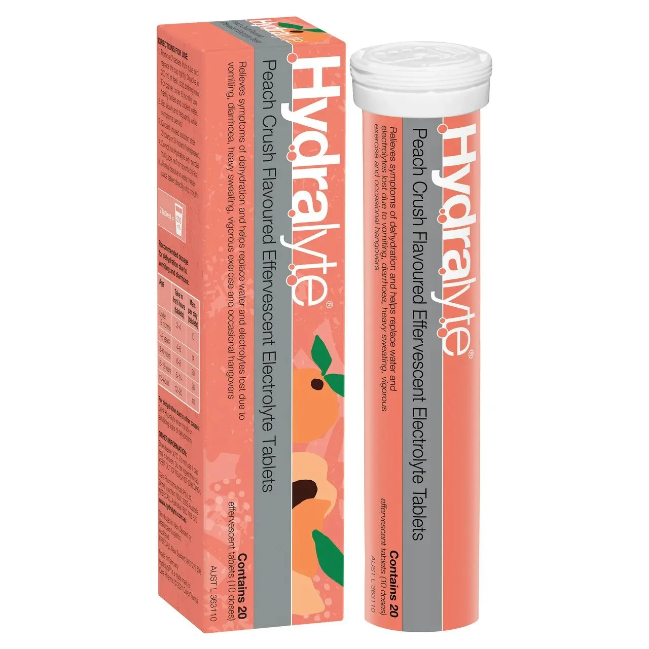 Hydralyte Effervescent Electrolyte Tablets Peach Crush Flavoured 20 Tablets