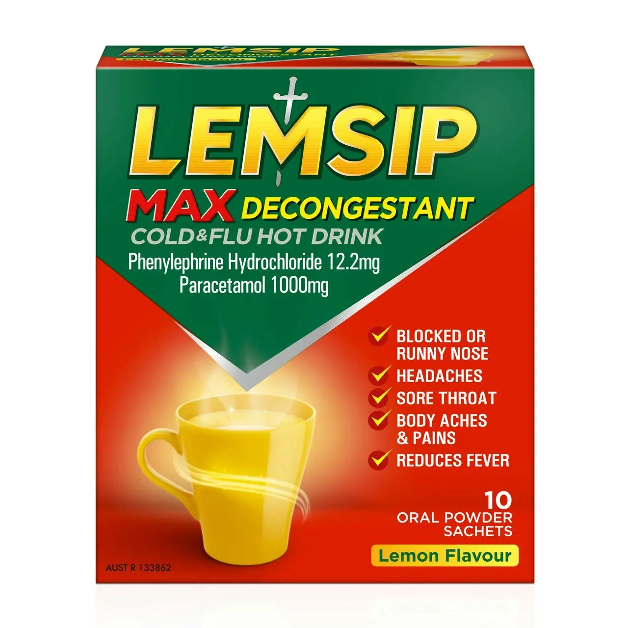 Lemsip Max Cold & Flu with Decongestant Lemon Sachets 10