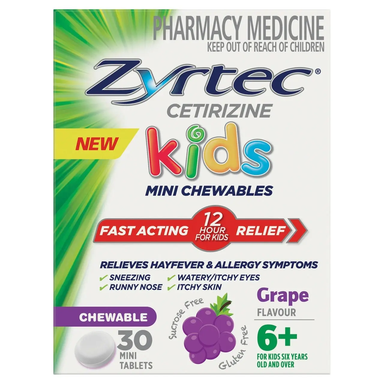 Zyrtec Kids Allergy & Hayfever Relief Antihistamine Grape Chewable Tablets 30 Pack