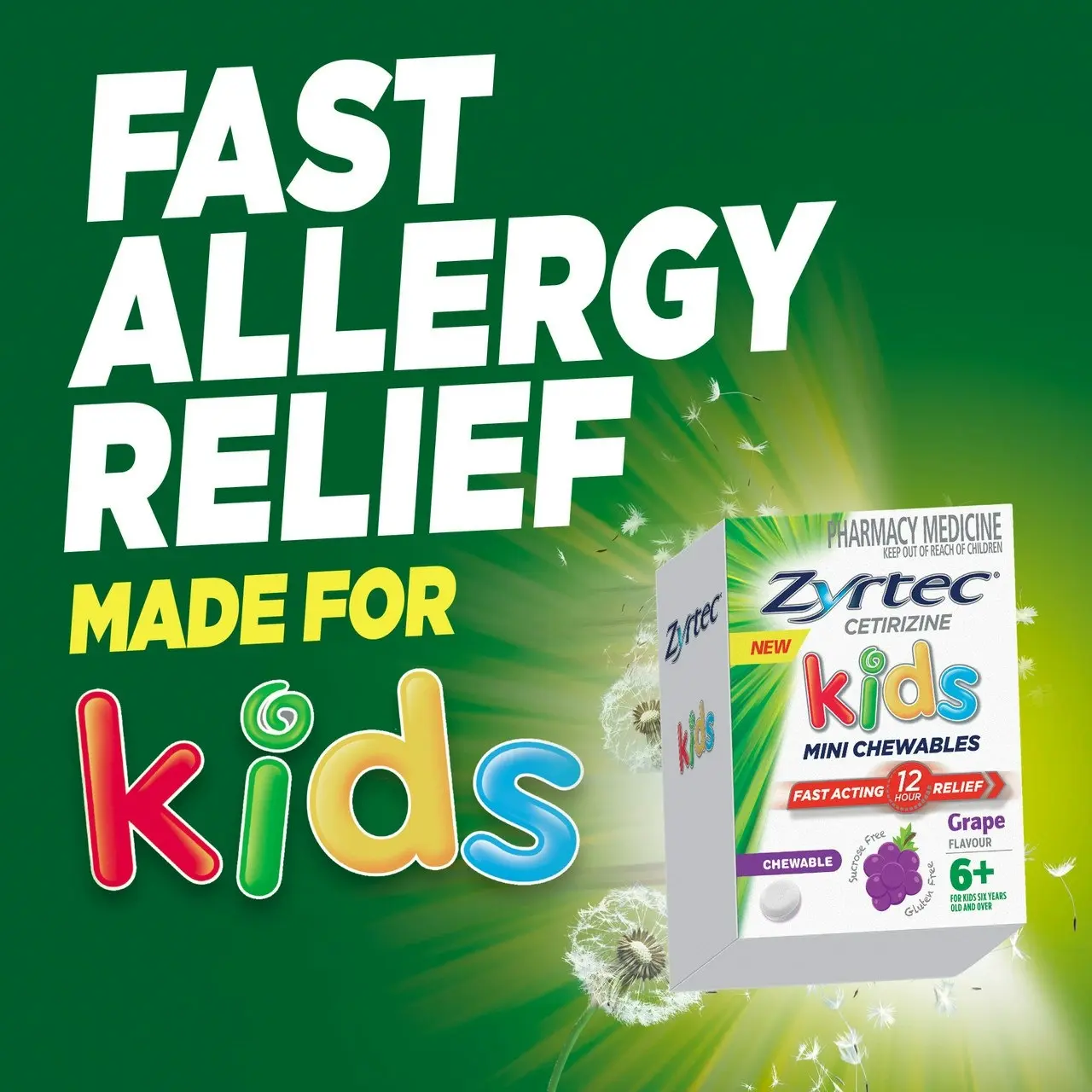 Zyrtec Kids Allergy & Hayfever Relief Antihistamine Grape Chewable Tablets 30 Pack