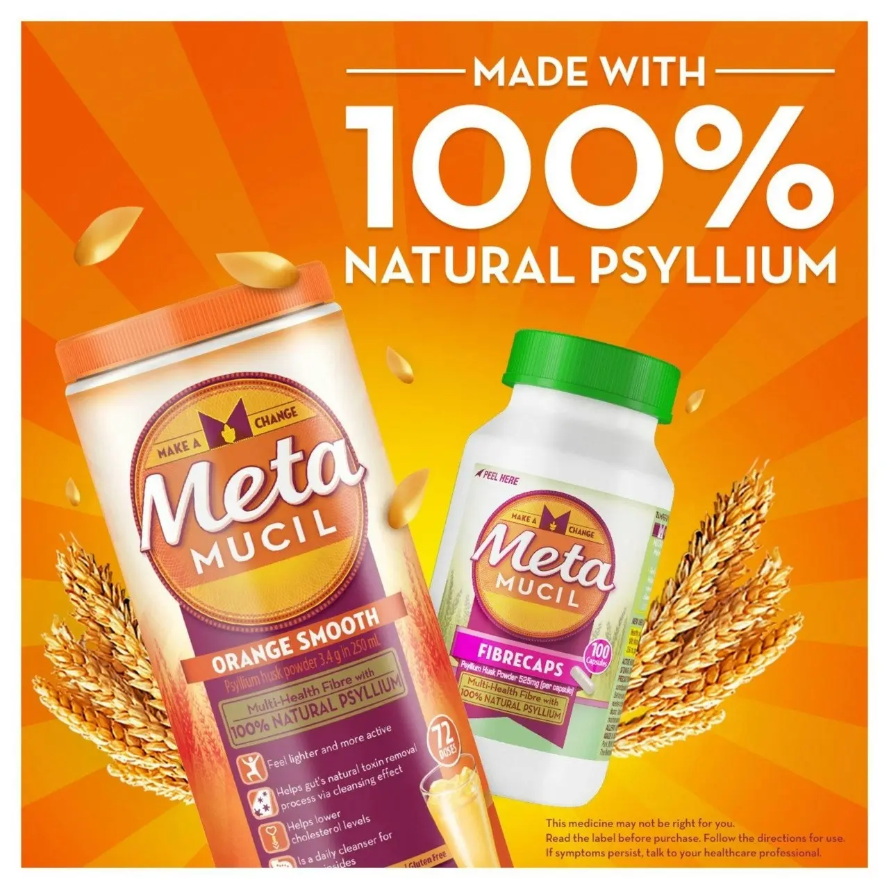 Metamucil Multi-Health Fibre with 100% Psyllium Natural Psyllium Orange Smooth 72D