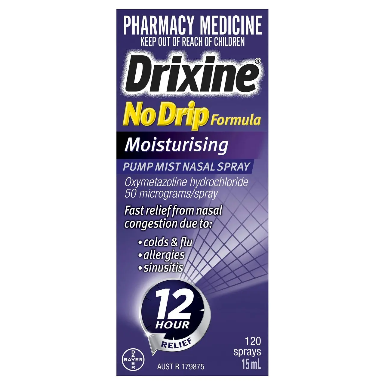 Drixine 12 Hour Relief No Drip Formula Moisturising Pump Mist Nasal Spray 15mL