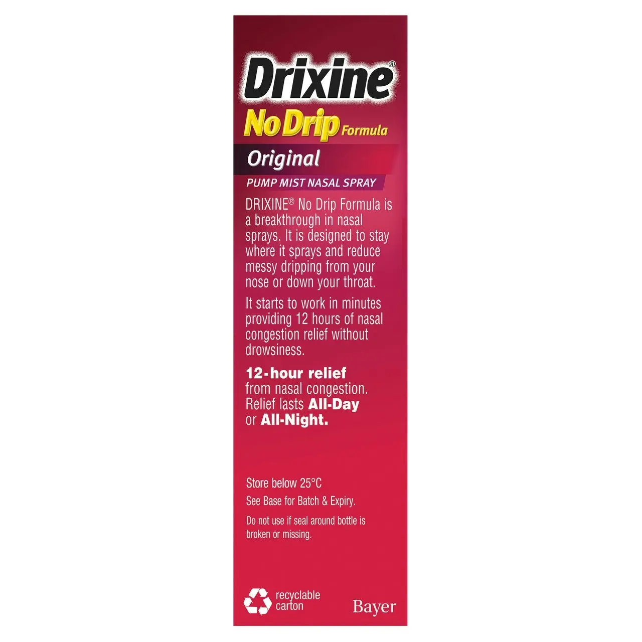 Drixine 12 Hour Relief No Drip Formula Original Pump Mist Nasal Spray 15ml