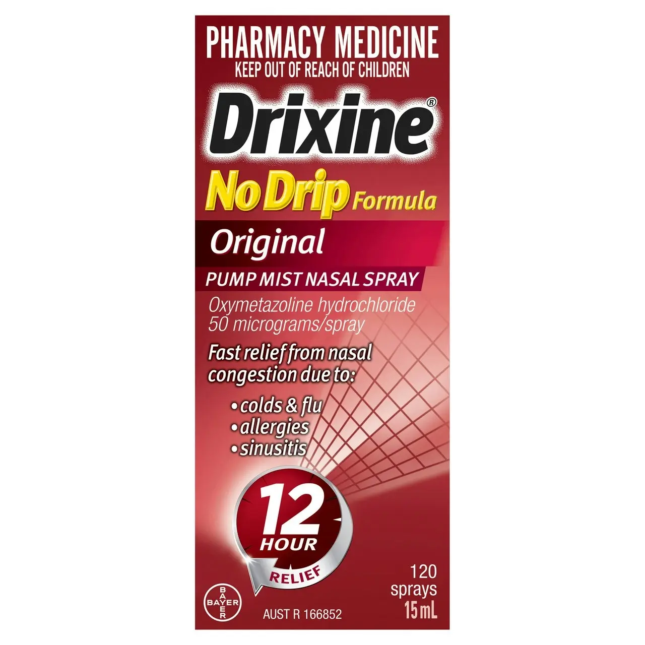 Drixine 12 Hour Relief No Drip Formula Original Pump Mist Nasal Spray 15ml