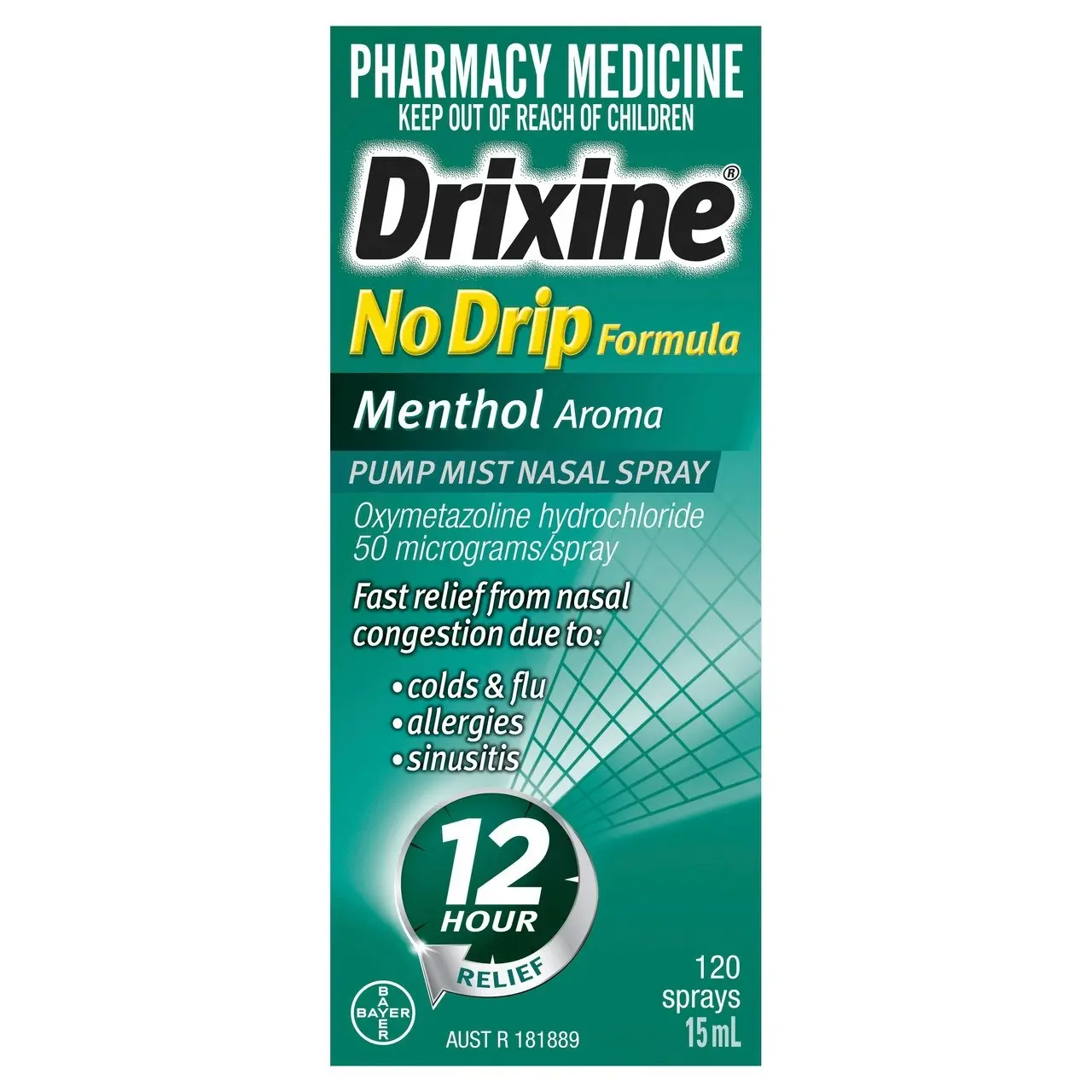 Drixine 12 Hour Relief No Drip Formula Menthol Aroma Pump Mist Nasal Spray 15ml