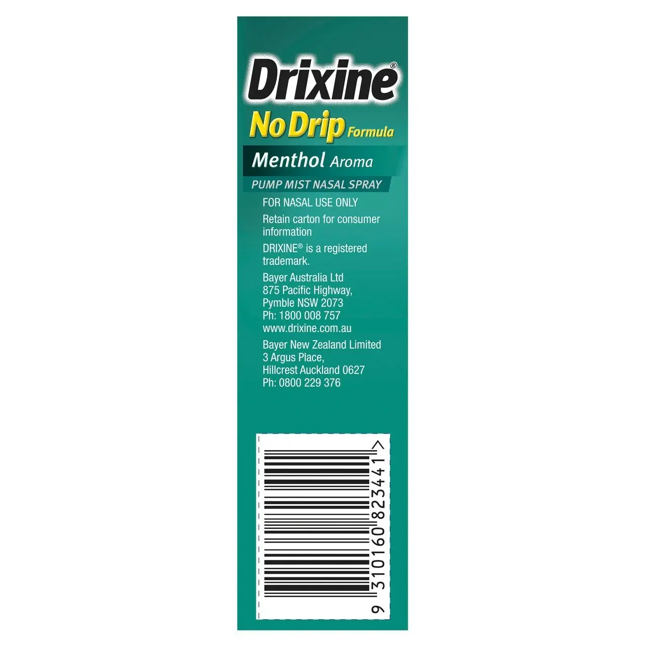 Drixine 12 Hour Relief No Drip Formula Menthol Aroma Pump Mist Nasal Spray 15ml