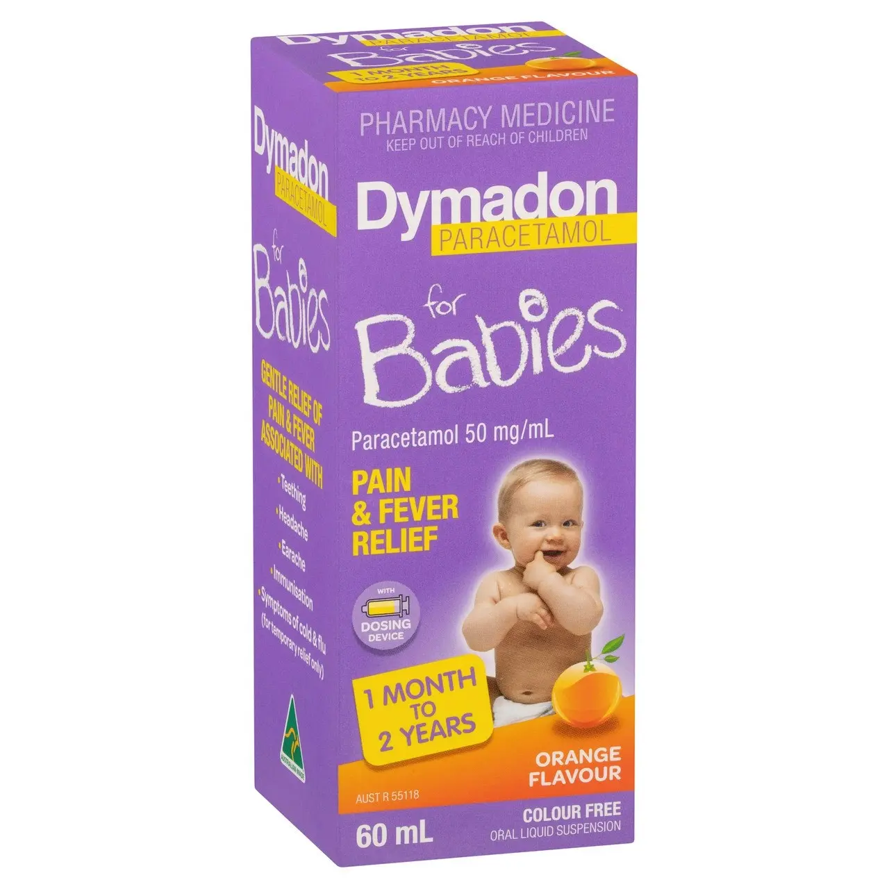 Dymadon Paracetamol for Babies 1mth-2yrs ORANGE 60mL