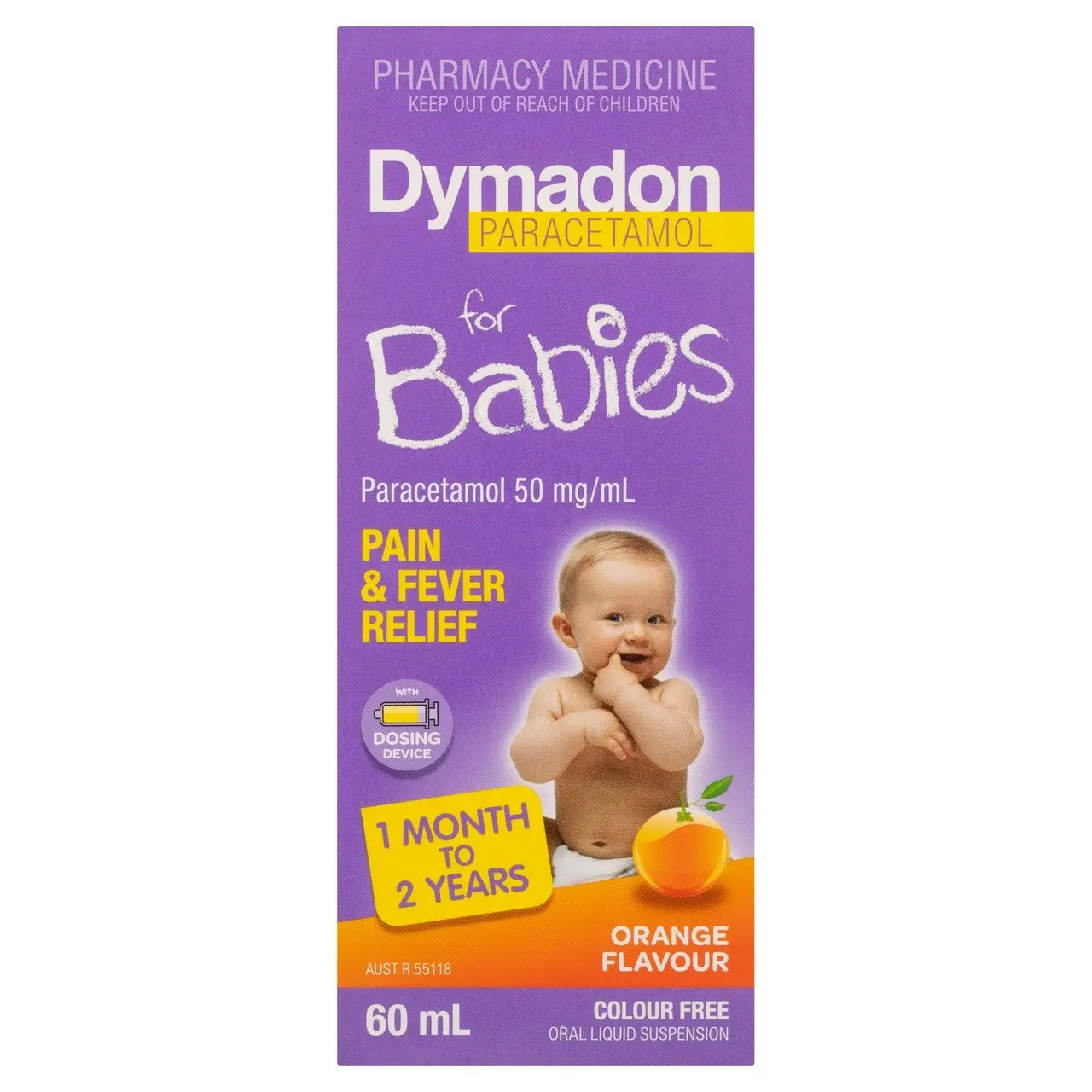 Dymadon Paracetamol for Babies 1mth-2yrs ORANGE 60mL