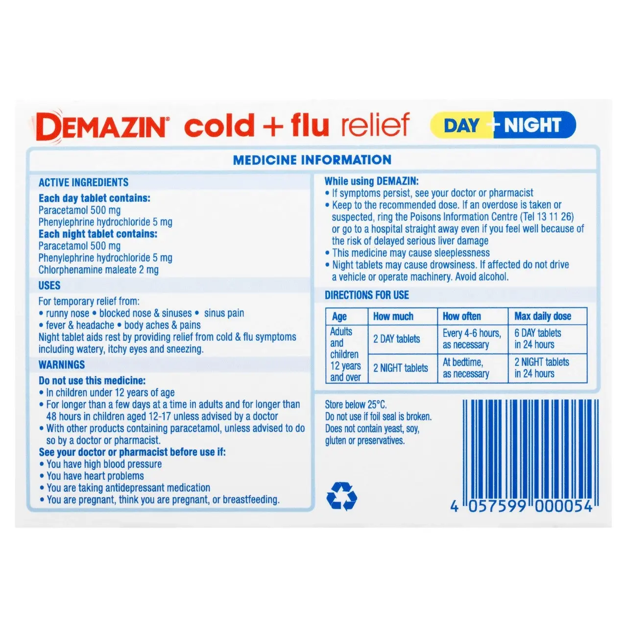 Demazin Cold & Flu Relief Day + Night 48 Tablets