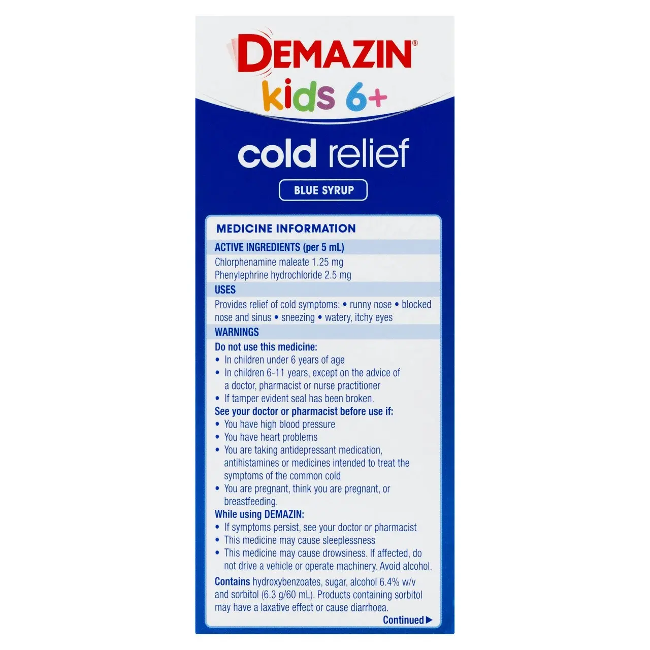 Demazin Kids 6+ Cold Relief Blue Syrup Peach & Vanilla Flavour 200mL