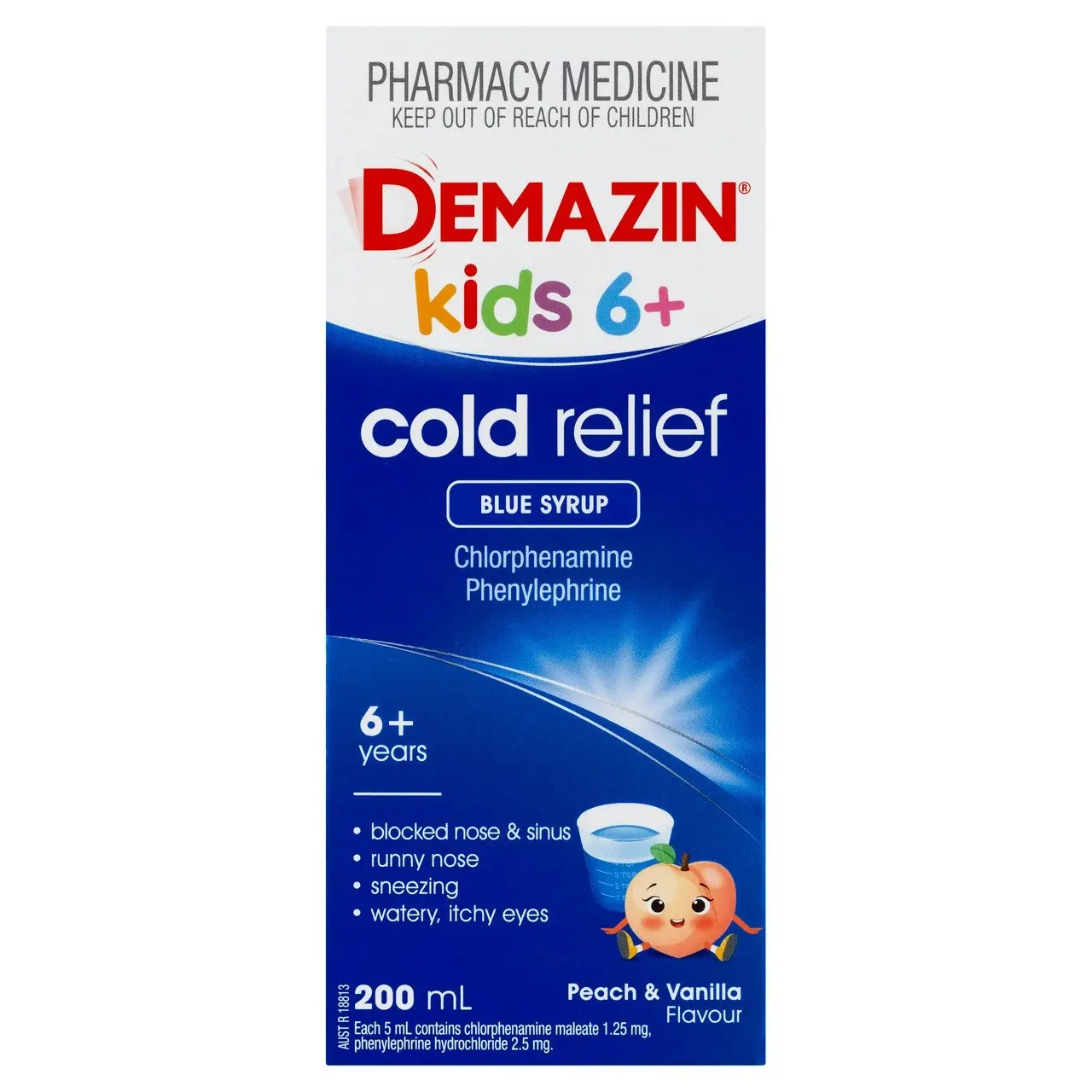 Demazin Kids 6+ Cold Relief Blue Syrup Peach & Vanilla Flavour 200mL