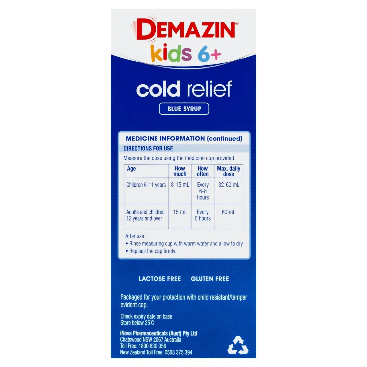 Demazin Kids 6+ Cold Relief Blue Syrup Peach & Vanilla Flavour 200mL