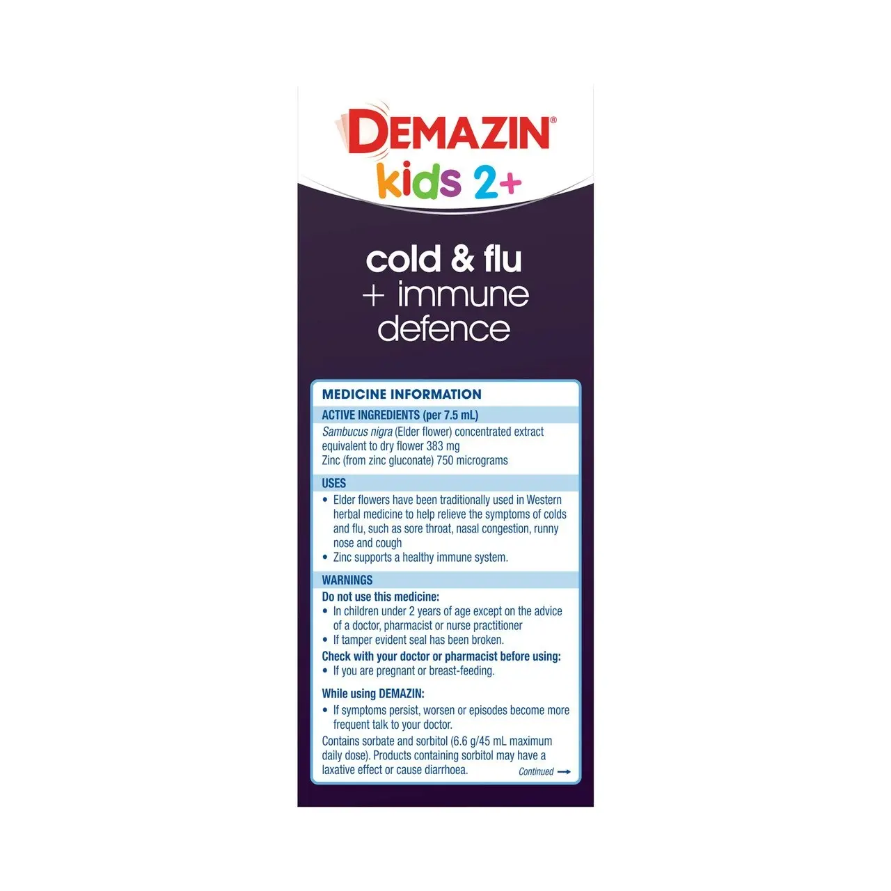 Demazin Kids 2+ Cold & Flu + Immune Defence Natural Berry Oral Liquid 200mL