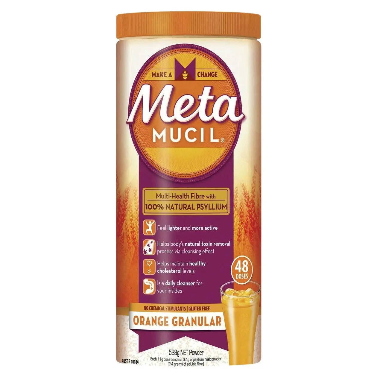 Metamucil Multi-Health Fibre with 100% Psyllium Natural Psyllium Orange Granular 48 dose