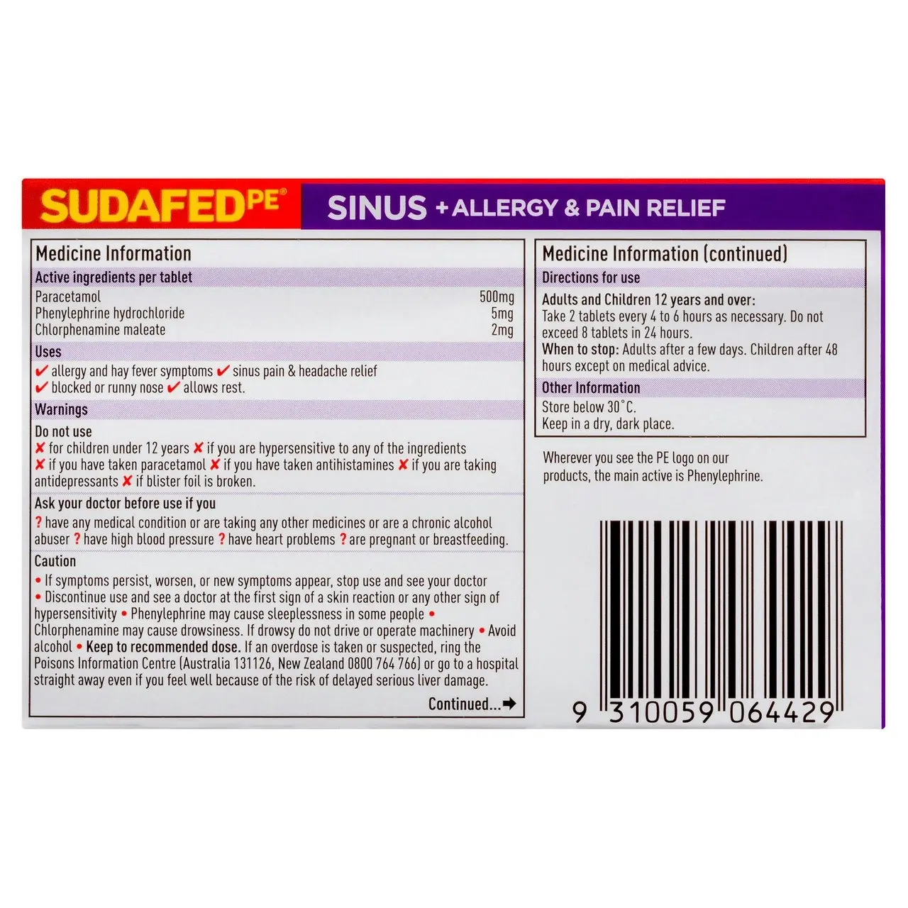 SUDAFED PE Sinus + Allergy & Pain Relief Tablets  48 Pack