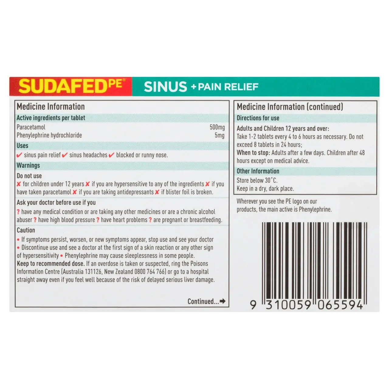 SUDAFED PE Sinus + Pain Relief Tablets 24 Pack