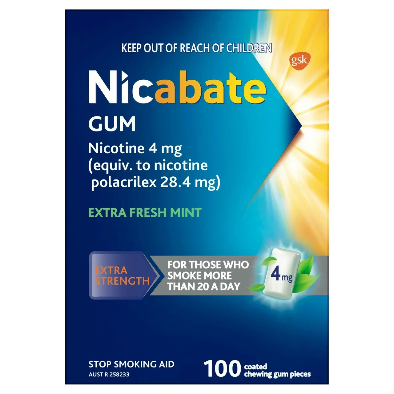 Nicabate Gum Stop Smoking Nicotine 4mg Extra Strength Extra Fresh Mint Coated Chewing Gum 100 Pack