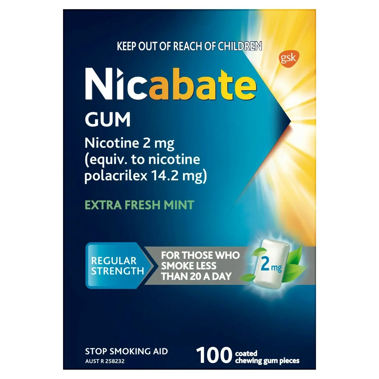 Nicabate Gum Stop Smoking Nicotine 2mg Regular Strength Extra Fresh Mint Coated Chewing Gum 100 Pack