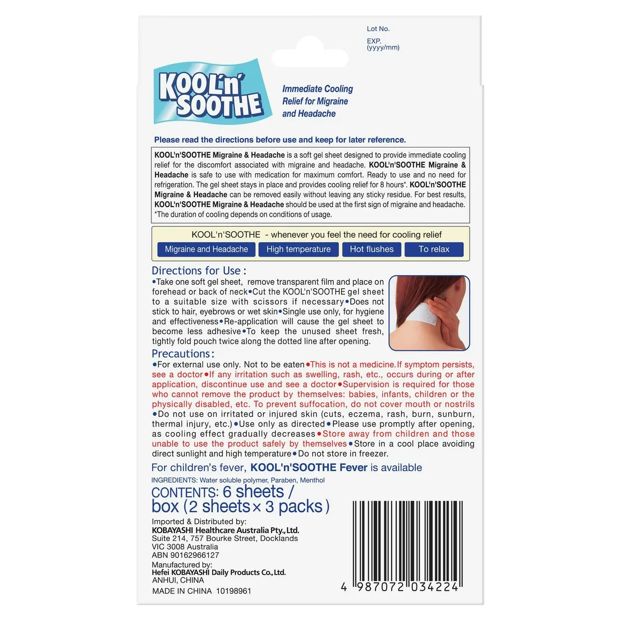 Kool 'n' Soothe Migraine & Headache 6 Sheets