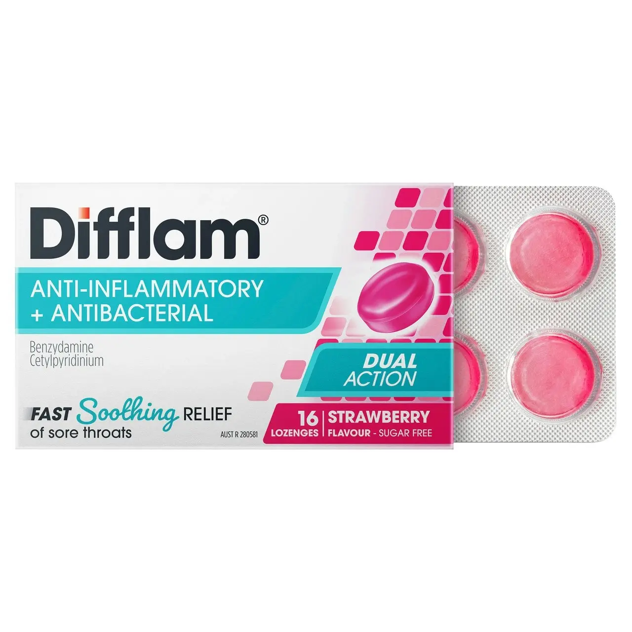 Difflam Sore Throat Lozenges Strawberry Flavour 16s