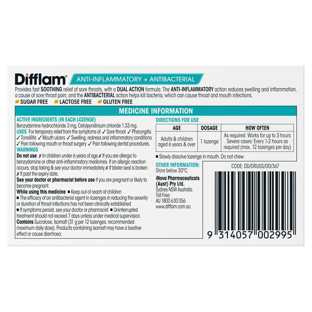 Difflam Sore Throat Lozenge Honey & Lemon Flavour 16's