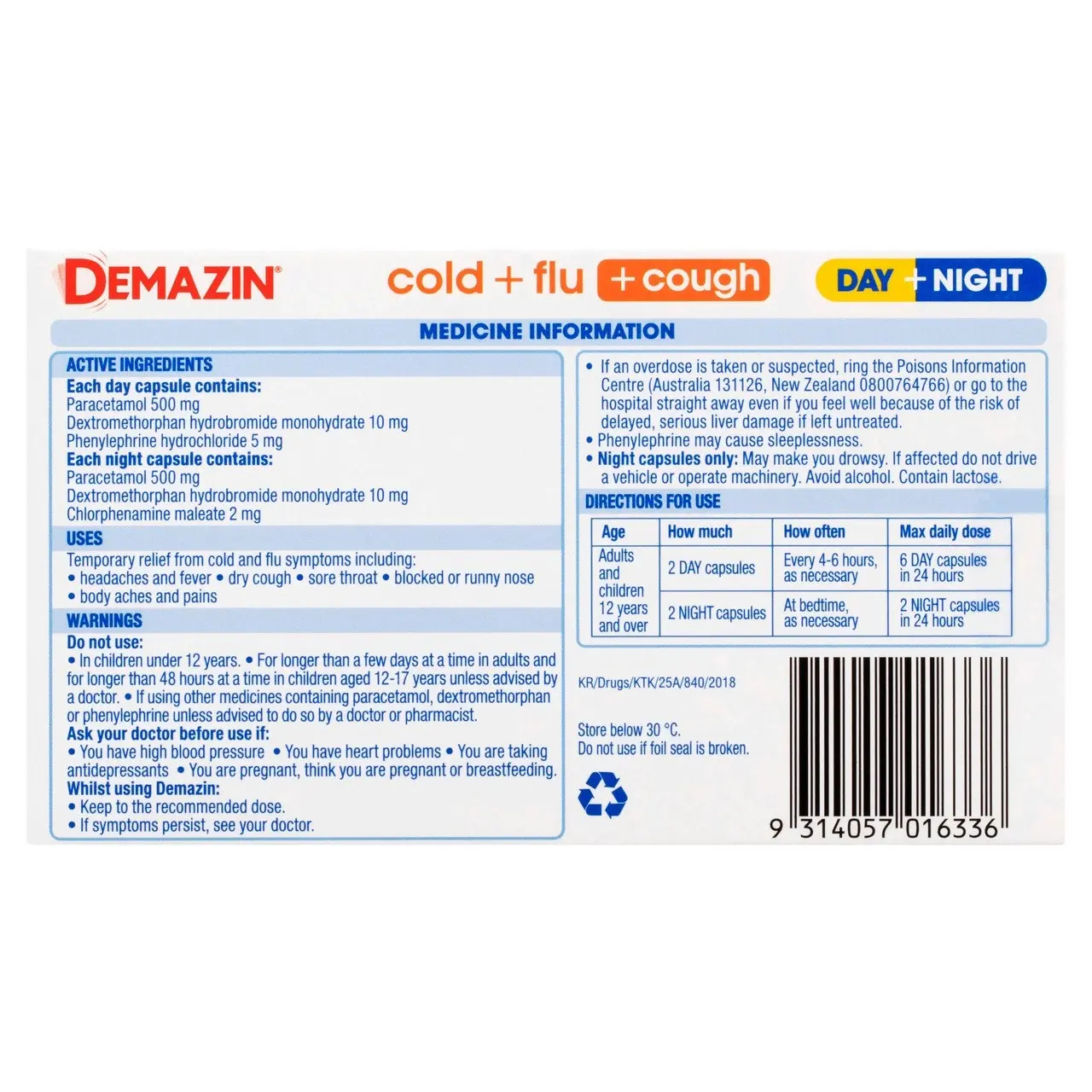 Demazin Cold + Flu + Cough Day + Night 24 Capsules