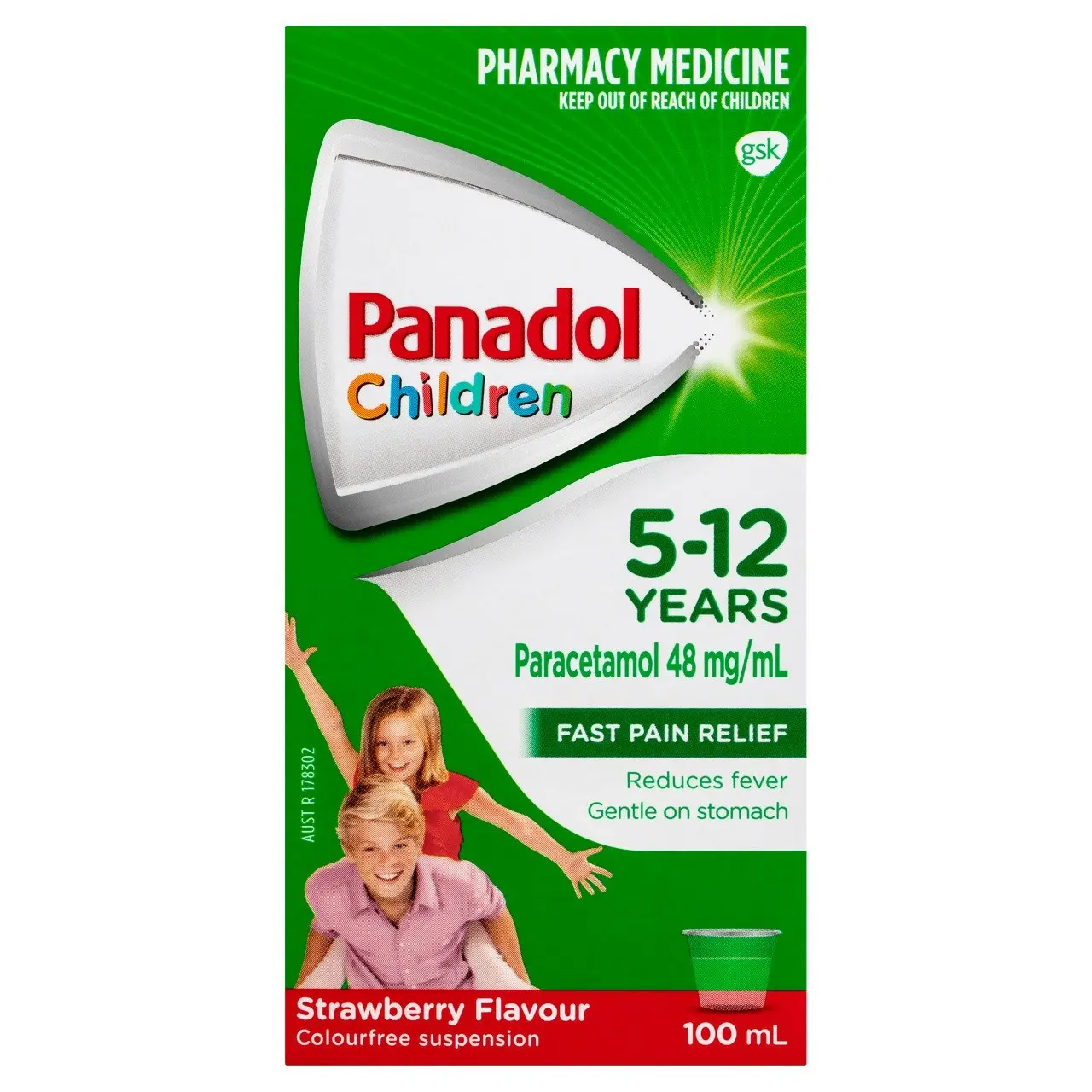 Panadol Children 5-12 Years Suspension, Fever & Pain Relief, Strawberry Flavour, 100 mL