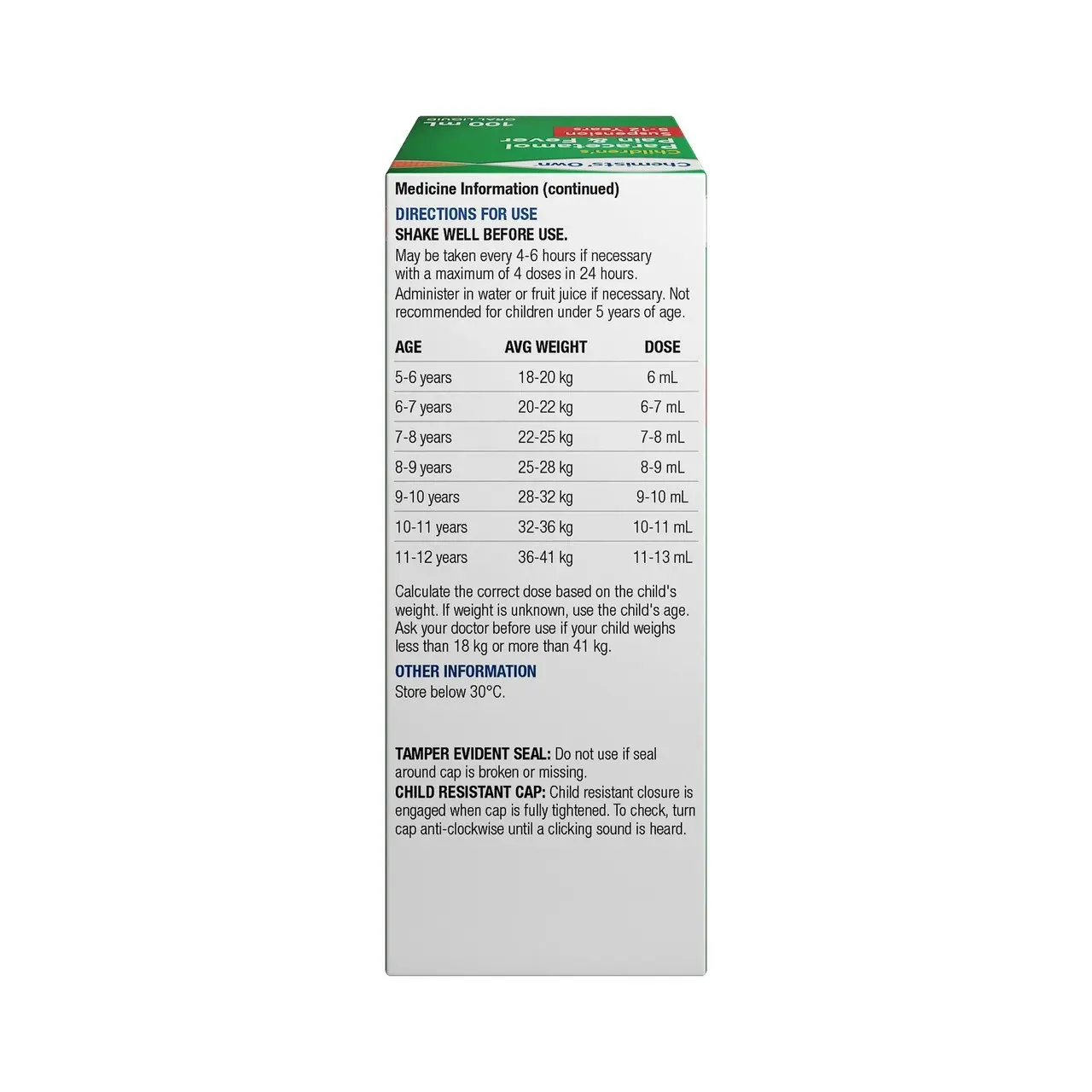 Chemists' Own Children's Paracetamol Pain & Fever 5-12 Yrs Susp 100mL