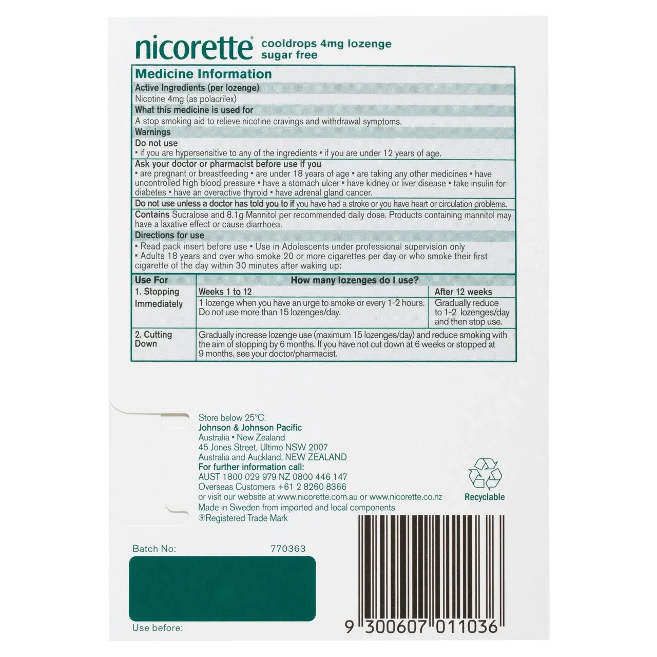 Nicorette Quit Smoking Extra Strength Cooldrops Nicotine Lozenge Icy Mint 20 Pack