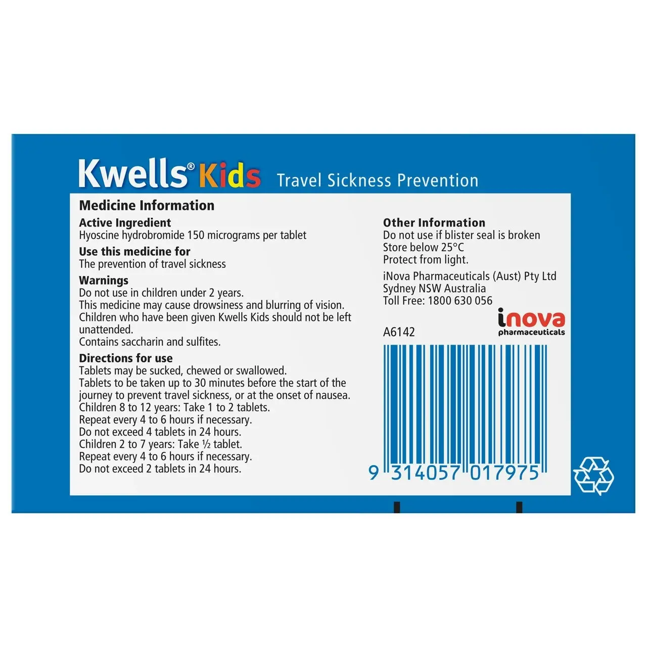 KWELLS Kids Travel Sickness Chewable Tablets 12 Pack