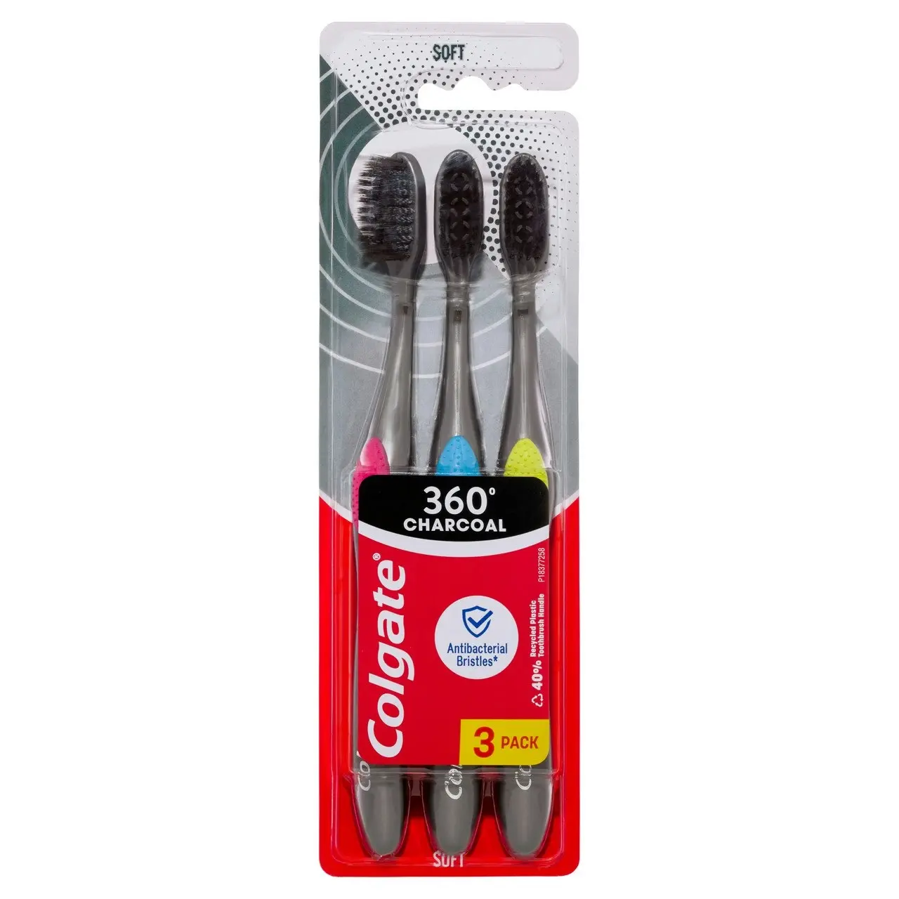 Colgate 360 Charcoal Manual Toothbrush, 3 Pack, Soft Spiral Antibacterial Bristles, Whole Mouth Clean