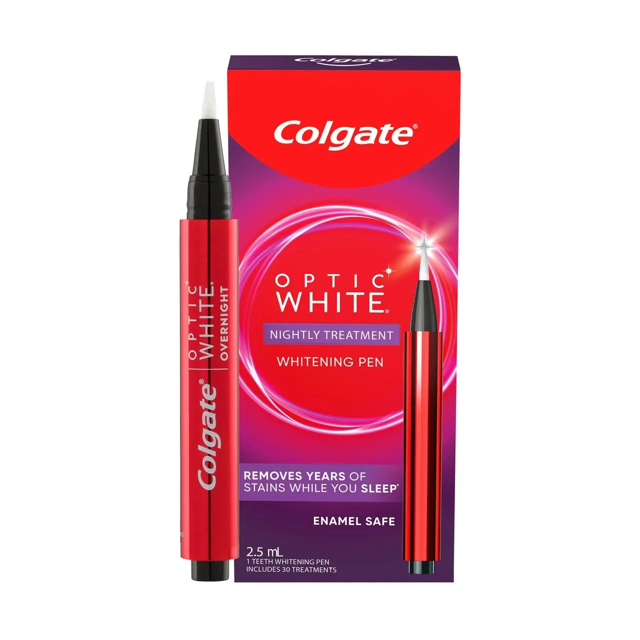 Colgate Optic White Overnight Teeth Whitening Treatment Pen, 1 Pen, Contains Hydrogen Peroxide, Enamel Safe