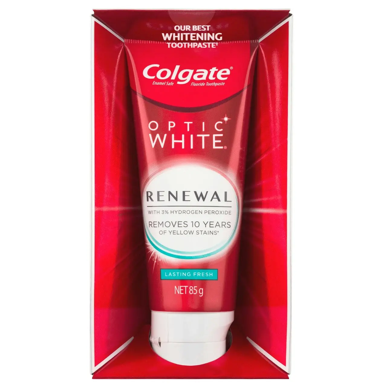 Colgate Optic White Renewal Lasting Fresh Teeth Whitening Toothpaste 85g, With 3% Hydrogen Peroxide, Enamel Safe