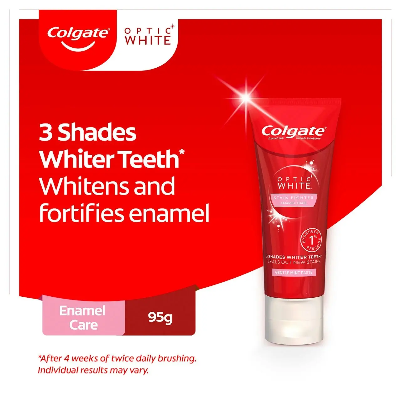 Colgate Optic White Stain Fighter Teeth Whitening Toothpaste 95g, Enamel Care, with 1% Hydrogen Peroxide