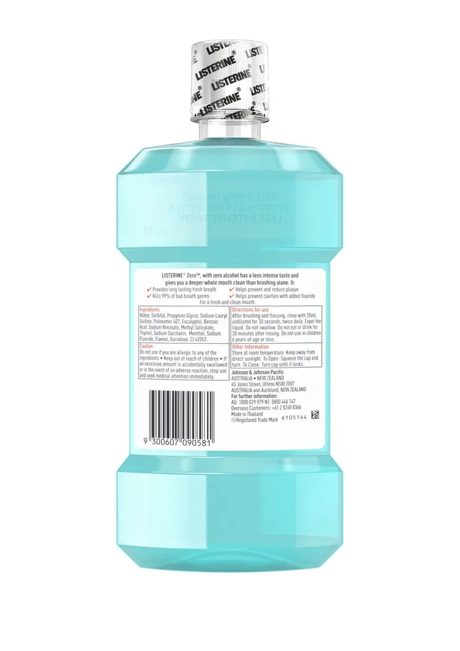 Listerine Zero Alcohol Antibacterial Mouthwash Less Intense Taste 1L