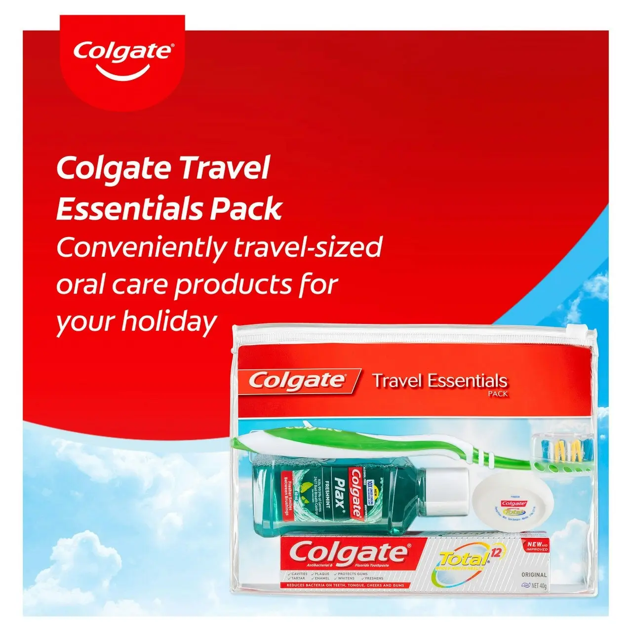 Colgate Travel Essentials Kit, 1 Pack, Toothbrush, Toothpaste, Mouthwash, Floss and Travel Bag Pack